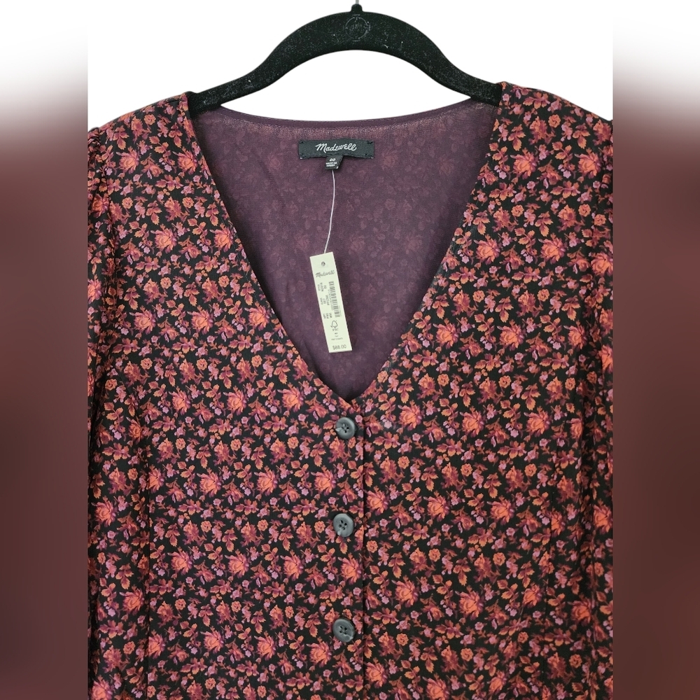 MADEWELL Orchard Floral Smocked Cuff Button-Up Top, size 00, purple/orange - Picture 3 of 7